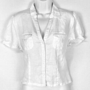 Tracy M. Linen Button Down Top Short Sleeve Puffed Pockets White L smocked back